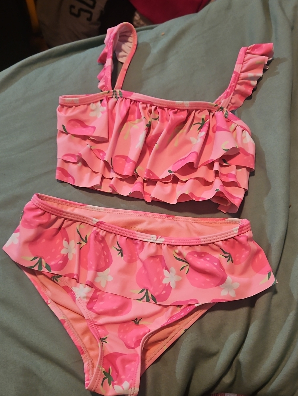 Cynthia Rowley Pink Ruffle Strawberry Print Two-Piece Swim Set - Size 7